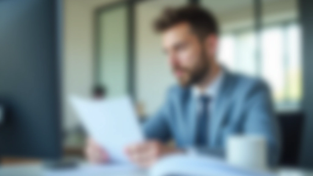 Professional accountant reviewing financial documents at desk with computer and organized files