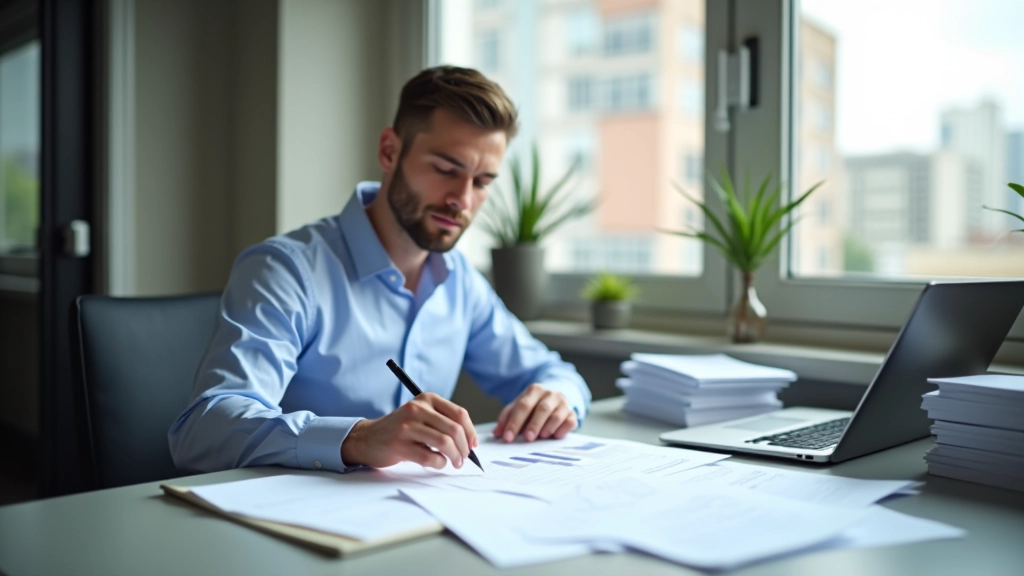 Accountant working with financial reports and spreadsheets, organized workspace with documents and calculator